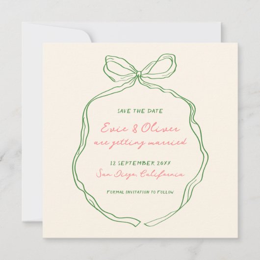 Whimsical Quirky handgeschriebene Bow Wedding Save The Date (Vorderseite)