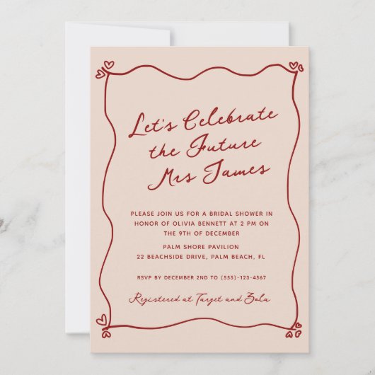 Whimsical Quirky Red Hand Drawing Brautparty Einladung (Vorderseite)