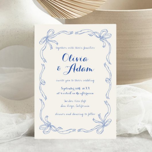 Whimsical Quirky Retro Hand Drawn Blue Bow Wedding Einladung