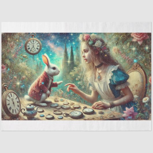 Whimsical Rabbit Alice Uhren Wunderland Dekoupage Seidenpapier (Vorderseite)