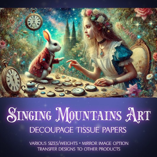 Whimsical Rabbit Alice Uhren Wunderland Dekoupage Seidenpapier