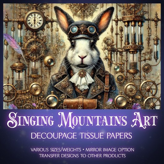 Whimsical Rabbit Gothic Steampunk Decoupage Seidenpapier