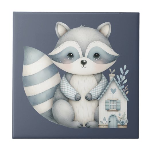 Whimsical Raccoon Night Woodland Cottage Scene Fliese (Vorderseite)