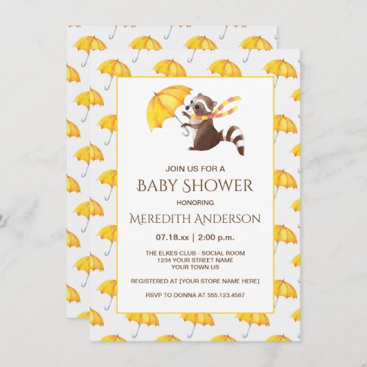 Whimsical Raccoon Yellow Umbrellas Baby Dusche Einladung (Vorne/Hinten)