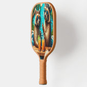 Whimsical Raccoons auf der rustikalen Tabelle Pickleball Schläger (Links)