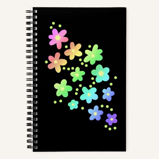 Whimsical Rainbow-Blume Schwarzes Notebook Notizblock (Vorderseite)