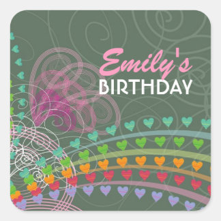 Whimsical Rainbow Hearts Pink Wirbel Gift Tag Quadratischer Aufkleber
