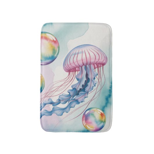 Whimsical Rainbow Jellyfish Watercolor Design Badematte (Vorderseite Vertikal)