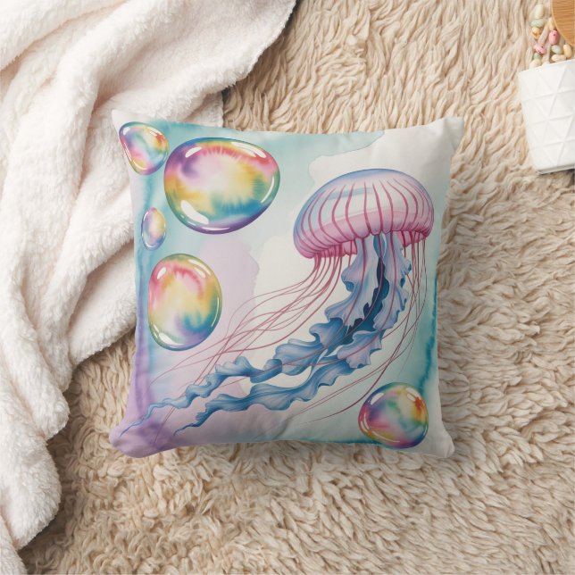 Whimsical Rainbow Jellyfish Watercolor Design Kissen (Decke)