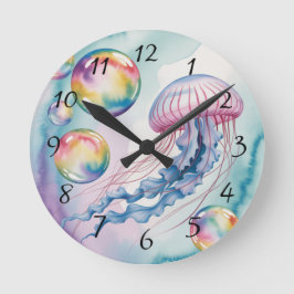 Whimsical Rainbow Jellyfish Watercolor Design Runde Wanduhr