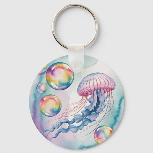 Whimsical Rainbow Jellyfish Watercolor Design Schlüsselanhänger (Vorderseite)