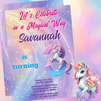 Whimsical Rainbow Unicorn 3. Geburtstag Einladung