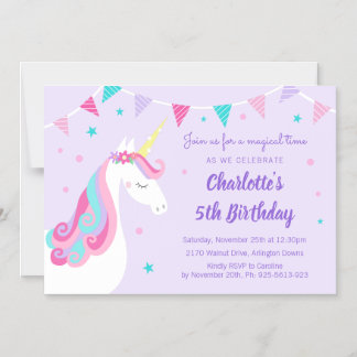 Whimsical Rainbow Unicorn 5. Geburtstag Lila Magneteinladung