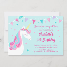 Whimsical Rainbow Unicorn Aqua 5. Geburtstag Einladung