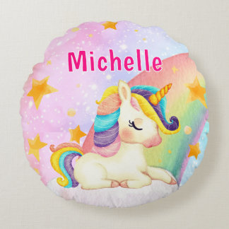 Whimsical Rainbow Unicorn Girl's Name Room  Rundes Kissen