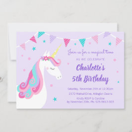 Whimsical Rainbow Unicorn Lila 5. Geburtstag Einladung