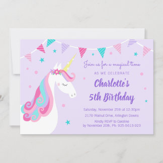Whimsical Rainbow Unicorn Lila 5. Geburtstag Einladung