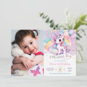 Whimsical Rainbow Unicorn Magical Birthday Foto Einladung (Stehend Vorderseite)