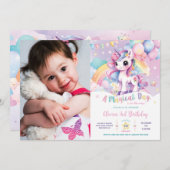 Whimsical Rainbow Unicorn Magical Birthday Foto Einladung (Vorne/Hinten)