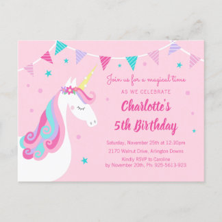 Whimsical Rainbow Unicorn Pink 5. Geburtstag Einladungspostkarte