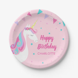 Whimsical Rainbow Unicorn Pink Happy Birthday Pappteller