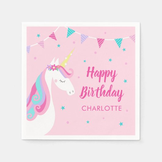 Whimsical Rainbow Unicorn Pink Happy Birthday Serviette (Vorderseite)