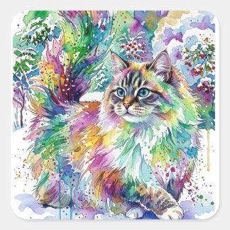 Whimsical Rainbow Watercolor Fluffy Cat in Winter  Quadratischer Aufkleber