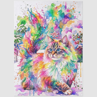 Whimsical Rainbow Watercolor Fluffy Cat in Winter  Seidenpapier