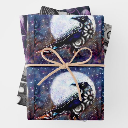 Whimsical Raven Floral Black Lila Decoupage Geschenkpapier Set (Beispiel)