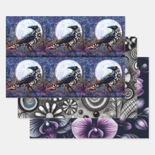 Whimsical Raven Floral Black Lila Decoupage Geschenkpapier Set