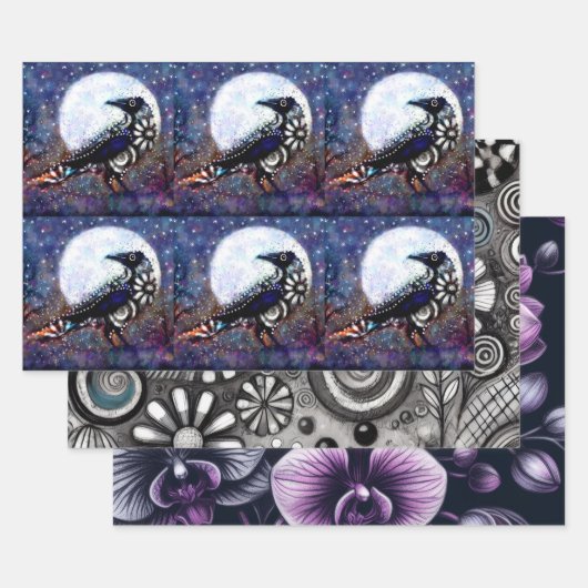 Whimsical Raven Floral Black Lila Decoupage Geschenkpapier Set (Set)
