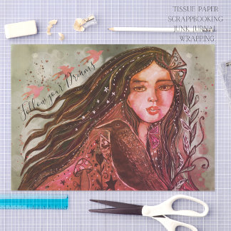 Whimsical Raven Girl Follow Your Dream Mixed Media Seidenpapier