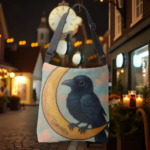 Whimsical Raven Halbmond Mond Süße Rustikale Volks Tragetaschen Mit Langen Trägern