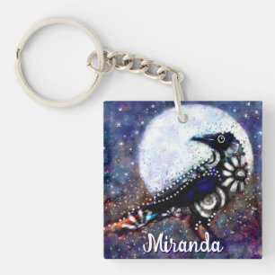 Whimsical Raven Moon Floral Abstrakt Personalisier Schlüsselanhänger