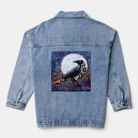 Whimsical Raven Moon Schwarz-weiß Blue Jeansjacke (Rückseite)