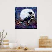 Whimsical Raven Moon Schwarz-weiß Blue Poster (Küche)