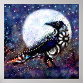 Whimsical Raven Moon Schwarz-weiß Blue Poster (Vorne)