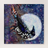 Whimsical Raven Moon Schwarz-weiß Blue Puzzle (Horizontal)