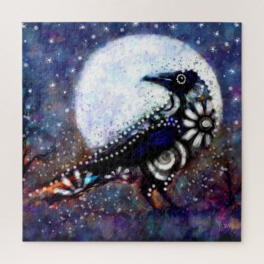 Whimsical Raven Moon Schwarz-weiß Blue Puzzle (Vertikal)