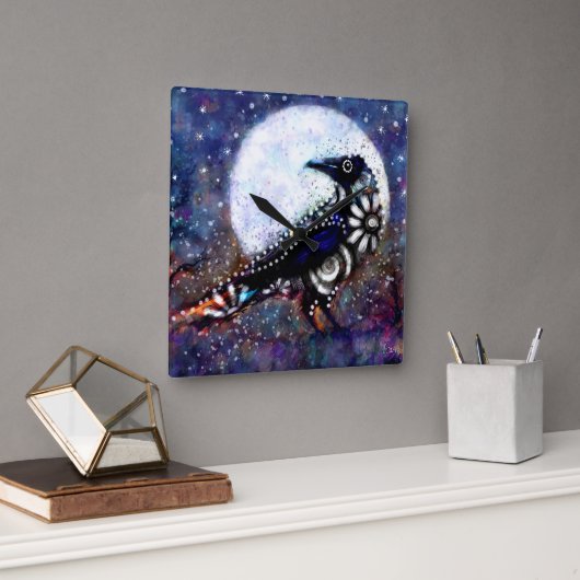 Whimsical Raven Moon Schwarz-weiß Blue Quadratische Wanduhr (Büro)
