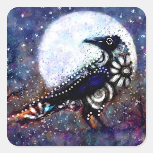Whimsical Raven Moon Schwarz-weiß Blue Quadratischer Aufkleber (Vorderseite)