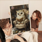 Whimsical Reading Owl Book Lover Art Print Poster