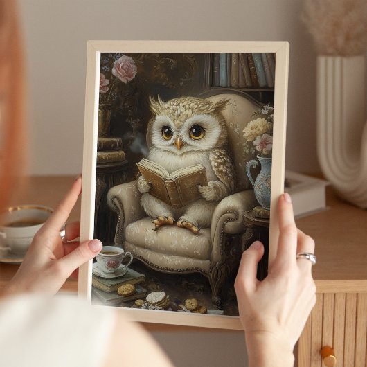 Whimsical Reading Owl Book Lover Art Print Poster