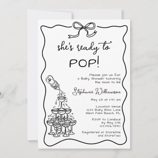 Whimsical ready to Pop Champagner Tower Baby Dusch Einladung (Vorderseite)