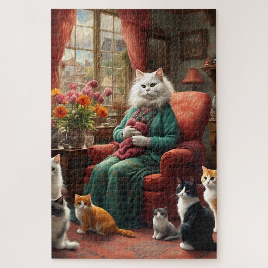 Whimsical realistic Mama Cat & Kittens Puzzle (Vertikal)