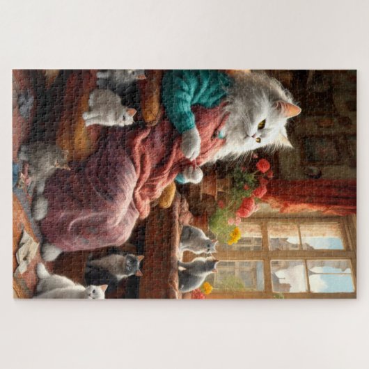 Whimsical realistic Mama Cat & Kittens Puzzle (Horizontal)