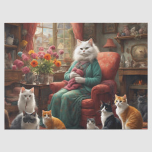 Whimsical realistic Mama Cat & Kittens Seidenpapier