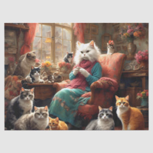 Whimsical realistic Mama Cat & Kittens Seidenpapier