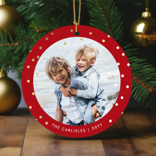 Whimsical Red and Gold Confetti 2 Foto Weihnachten Keramik Ornament