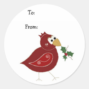 Whimsical Red Bird with Sprig of Holly Runder Aufkleber
